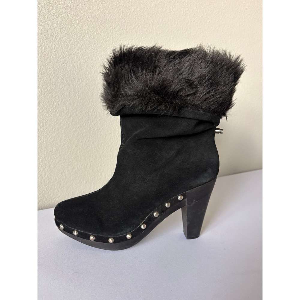Michael Michael Kors Black Suede Faux Fur Studded Platform Ankle Boots Size 10M - Picture 2 of 12